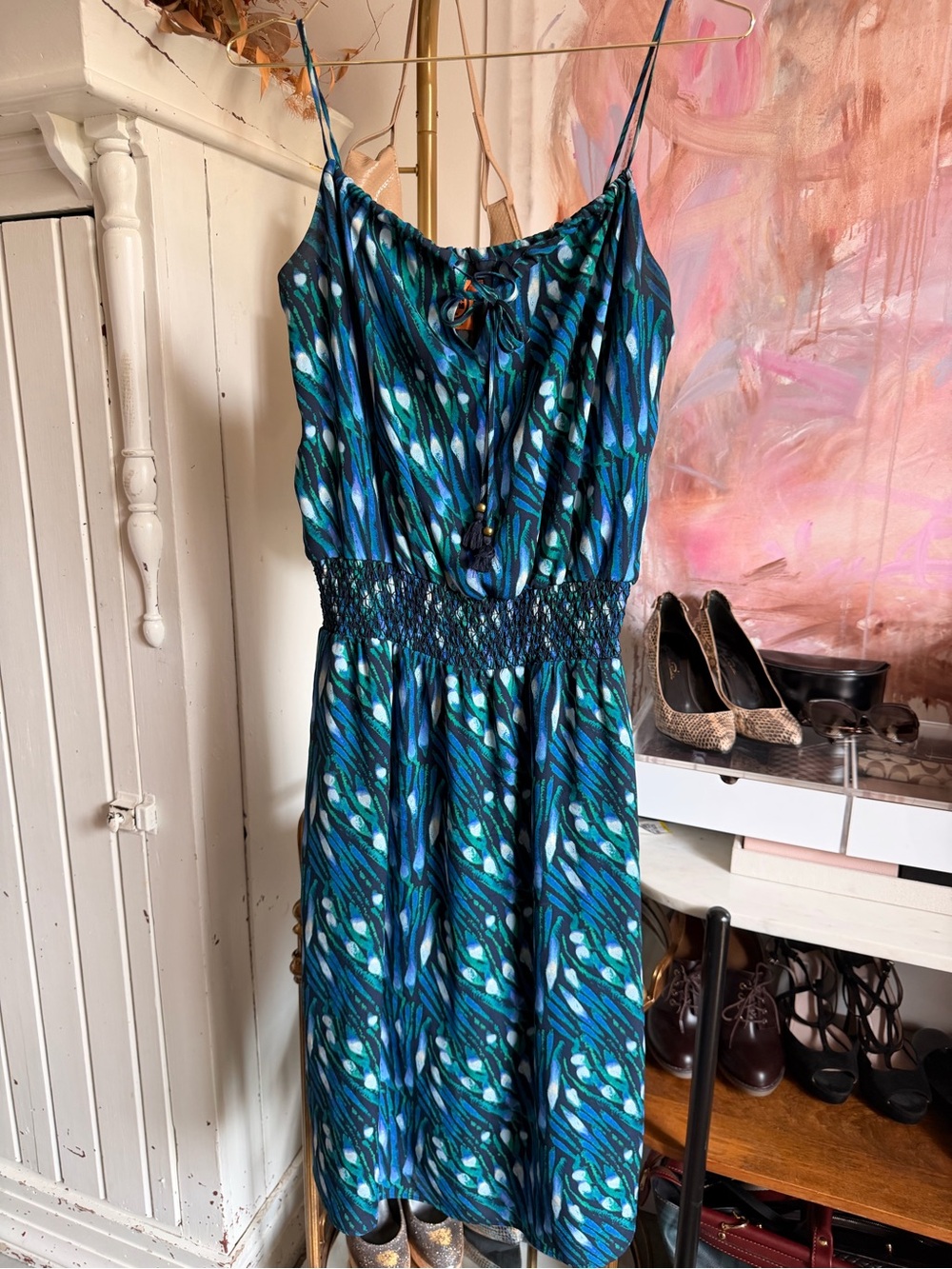Tory Burch Sleeveless Blue Teal Printed Smocked Waist Dress